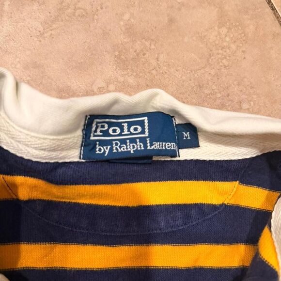 Polo by Ralph Lauren Rugby Shirt Navy Gold Stripe Red Crest Size M Vintage Style - Picture 2 of 7